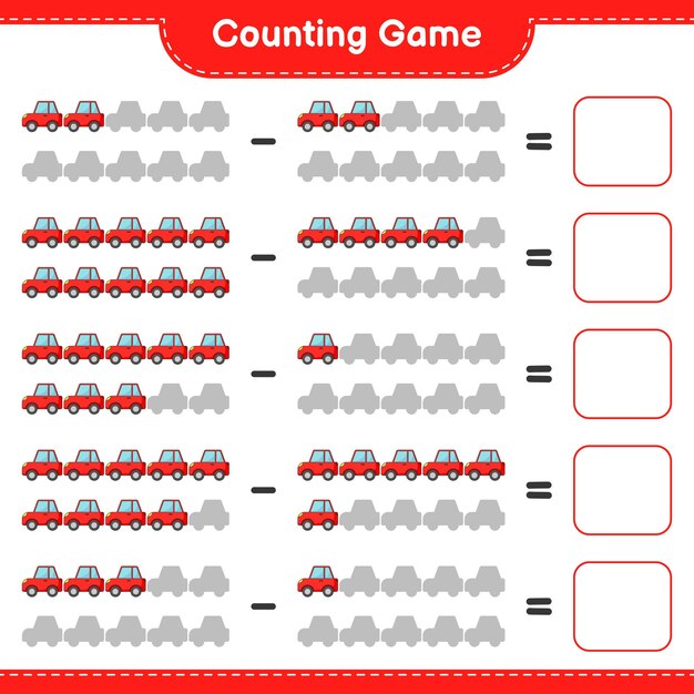 Count and match, count the number of Car and match with the right numbers. Educational children game, printable worksheet, vector illustration