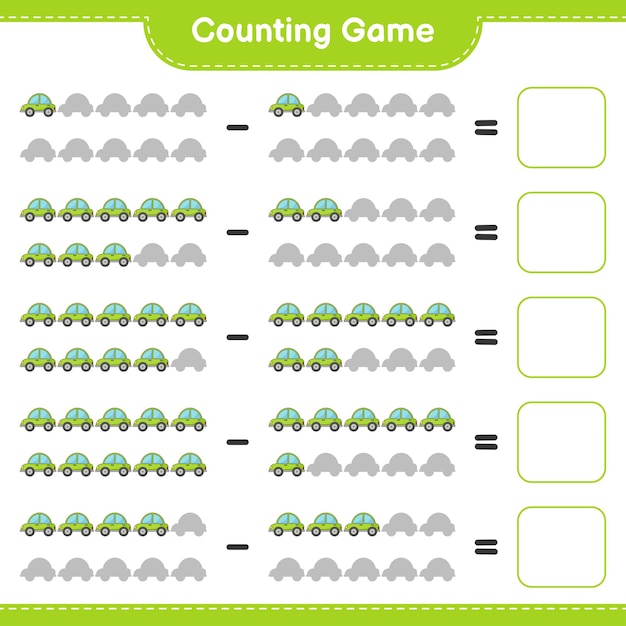 Conta e abbina, conta il numero di auto e abbina con i numeri giusti. gioco educativo per bambini, foglio di lavoro stampabile, illustrazione vettoriale