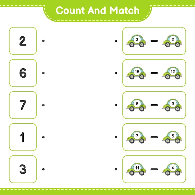 Count and match, count the number of Car and match with the right numbers. Educational children game, printable worksheet, vector illustration