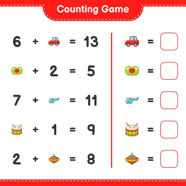 Count and match, count the number of Car, Pacifier, Helicopter, Drum, Whirligig Toy and match with the right numbers. Educational children game, printable worksheet, vector illustration