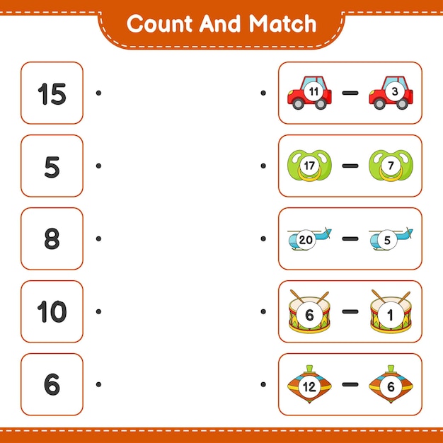 자동차 젖꼭지 헬리콥터 드럼 소용돌이 장난감의 수를 세고 일치시킵니다.