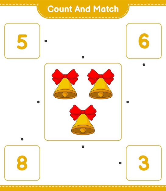 Conta e abbina conta il numero di campane di natale e abbina i numeri giusti illustrazione vettoriale del foglio di lavoro stampabile del gioco educativo per bambini