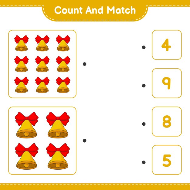 Conta e abbina conta il numero di campane di natale e abbina i numeri giusti illustrazione vettoriale del foglio di lavoro stampabile del gioco educativo per bambini