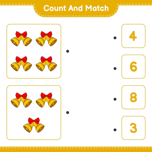 Conta e abbina conta il numero di campane di natale e abbina i numeri giusti illustrazione vettoriale del foglio di lavoro stampabile del gioco educativo per bambini