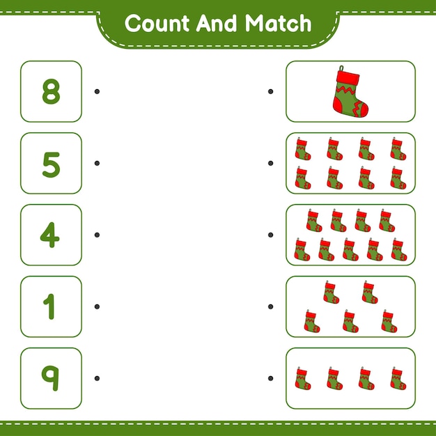 Count and match count the number of christmas sock and match with the right numbers educational children game printable worksheet vector illustration