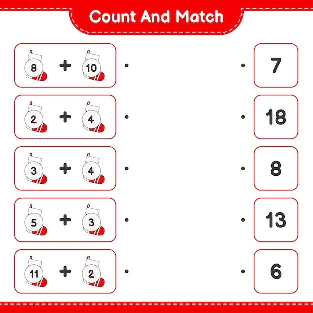 クリスマスソックスの数を数え、一致させ、正しい数と一致させます教育の子供たちのゲームの印刷可能なワークシートのベクトル図