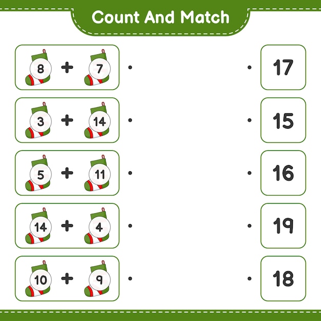 Conta e abbina conta il numero di calze di natale e abbina con i numeri giusti gioco educativo per bambini foglio di lavoro stampabile illustrazione vettoriale