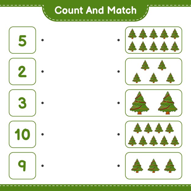 Подсчитайте и сопоставьте, подсчитайте количество рождественских елок и сопоставьте с правильными числами.