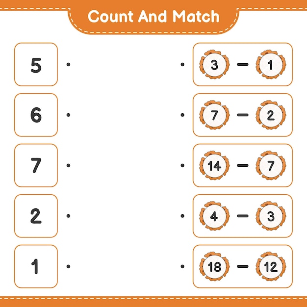 Conta e abbina conta il numero di cookie e abbina i numeri giusti gioco educativo per bambini foglio di lavoro stampabile illustrazione vettoriale