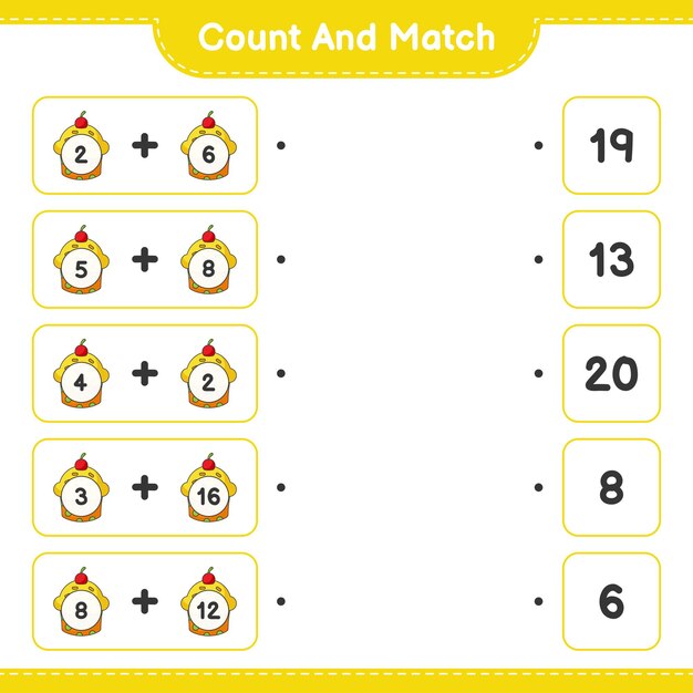 Count and match, count the number of Cup Cake and match with the right numbers. Educational children game, printable worksheet, vector illustration