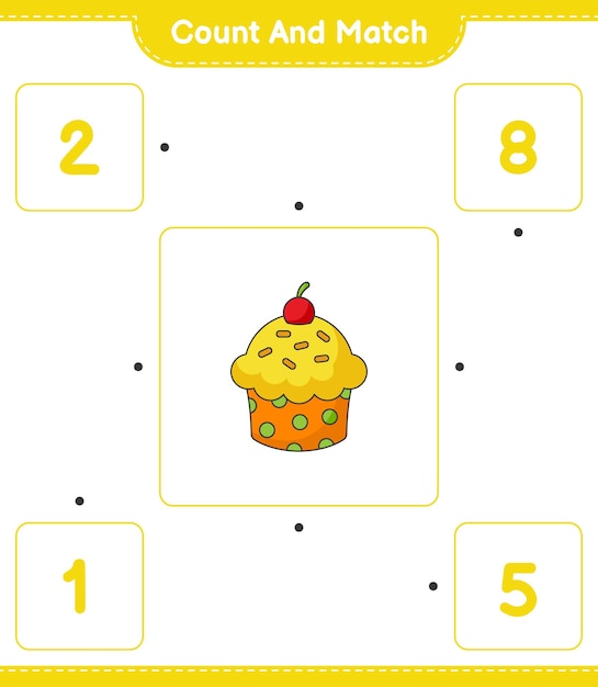 Vettore conta e abbina, conta il numero di cup cake e abbina con i numeri giusti. gioco educativo per bambini, foglio di lavoro stampabile, illustrazione vettoriale