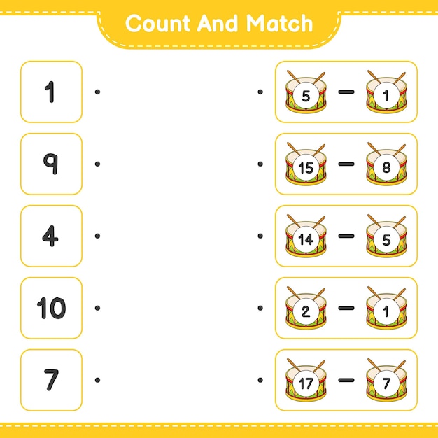 Count and match, count the number of Drum and match with the right numbers. Educational children game, printable worksheet, vector illustration