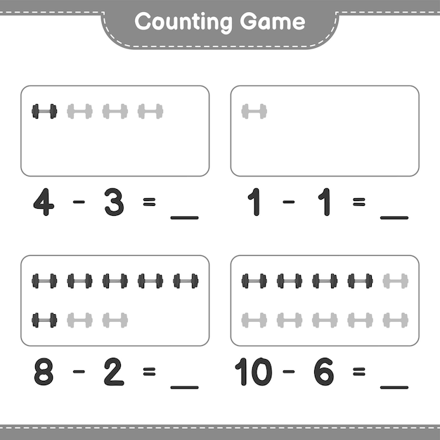 カウントと一致ダンベルの数を数え、正しい数と一致教育の子供たちのゲームの印刷可能なワークシートのベクトル図