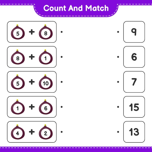 계산하고 일치시키고, 무화과의 수를 세고 오른쪽 숫자와 일치시킵니다. 교육용 어린이 게임, 인쇄 가능한 워크 시트.