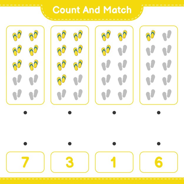 카운트 앤 매치, 플립플롭의 수를 세고 올바른 숫자와 매치하세요. 교육 어린이 게임, 인쇄용 워크시트, 벡터 일러스트 레이 션