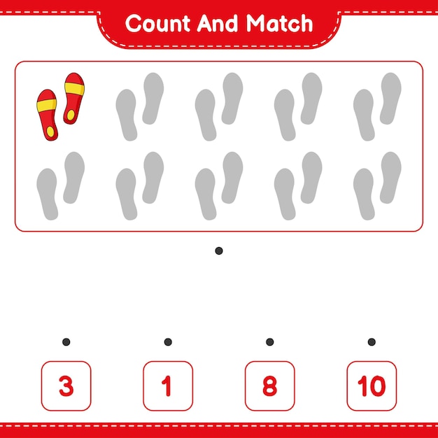 Count and match, count the number of Flip Flop and match with the right numbers. Educational children game, printable worksheet, vector illustration