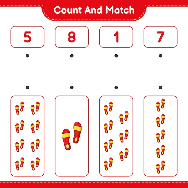 카운트 앤 매치, 플립플롭의 수를 세고 올바른 숫자와 매치하세요. 교육 어린이 게임, 인쇄용 워크시트, 벡터 일러스트 레이 션