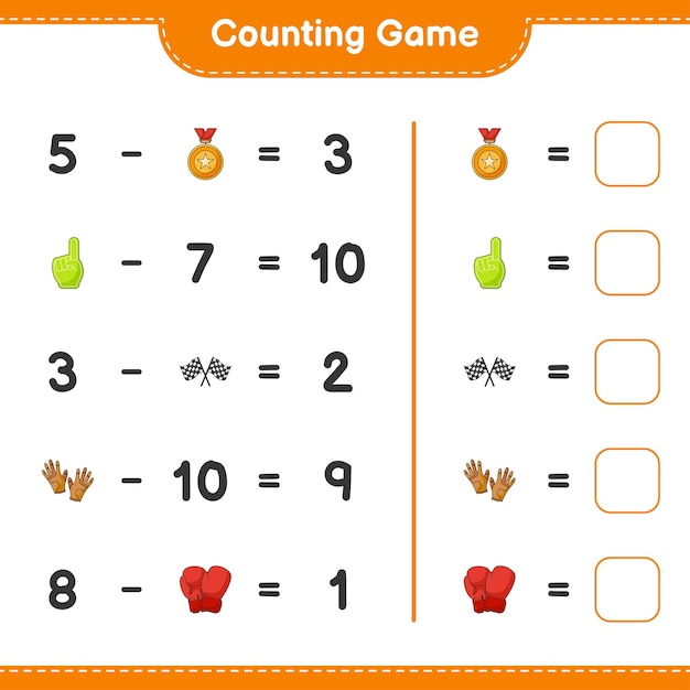 カウントして一致させるフォームフィンガートロフィーレーシングフラグボクシンググローブゴルフグローブの数を数え、正しい数と一致させる教育的な子供たちのゲームの印刷可能なワークシートのベクトル図