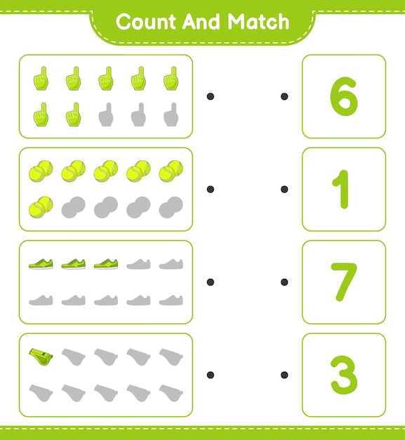 Contare e abbinare contare il numero di schiuma dito fischietto palla da tennis sneaker e abbinare con i numeri giusti gioco educativo per bambini foglio di lavoro stampabile illustrazione vettoriale