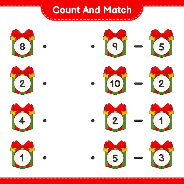 Count and match count the number of Gift Box and match with the right numbers Educational children game printable worksheet vector illustration