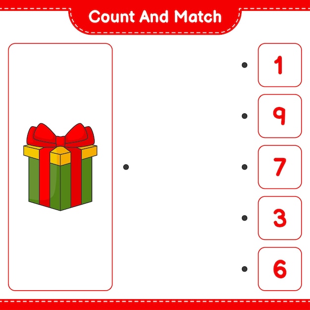 Count and match count the number of gift box and match with the right numbers educational children game printable worksheet vector illustration