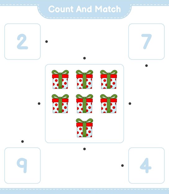 선물 상자의 수를 세고 일치시키고 올바른 숫자와 일치 교육용 어린이 게임 인쇄용 워크 시트 벡터 일러스트 레이션