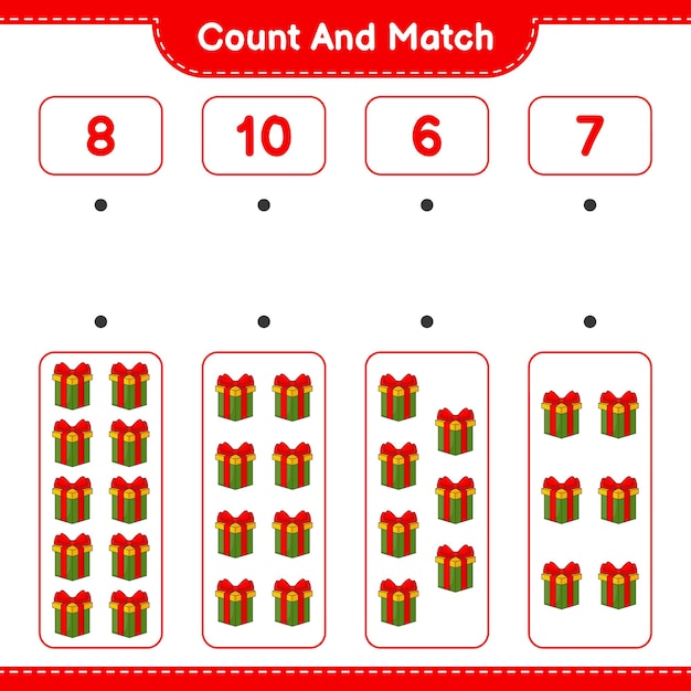 선물 상자의 수를 세고 일치시키고 올바른 숫자와 일치 교육용 어린이 게임 인쇄용 워크 시트 벡터 일러스트 레이션