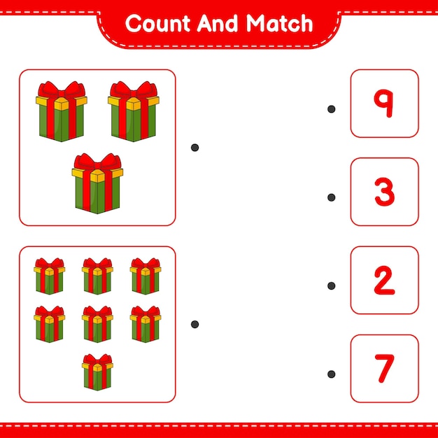 Count and match count the number of gift box and match with the right numbers educational children game printable worksheet vector illustration