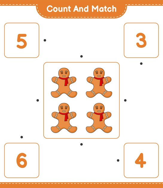 Conta e abbina conta il numero di gingerbread man e abbina con i numeri giusti gioco educativo per bambini foglio di lavoro stampabile illustrazione vettoriale