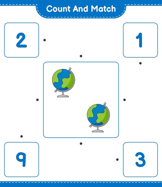 Count and match, count the number of Globe and match with the right numbers. Educational children game, printable worksheet, vector illustration