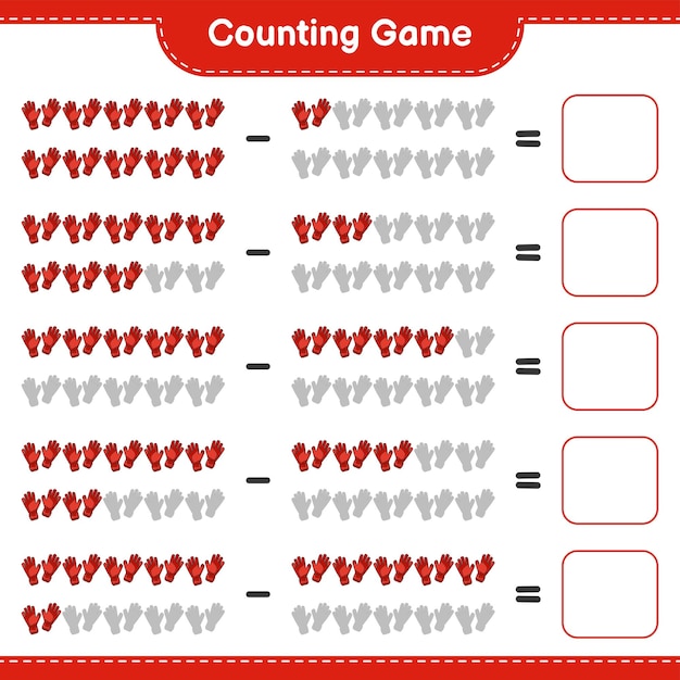 Подсчитайте и сопоставьте, подсчитайте количество вратарских перчаток и сопоставьте с правильными числами. Образовательная игра для детей. Векторная иллюстрация листа для печати.