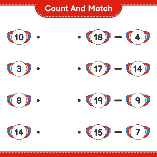 Vector count and match count the number of goggle and match with the right numbers educational children game printable worksheet vector illustration