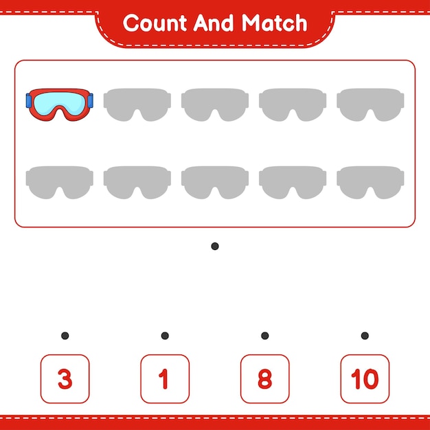 Count and match count the number of goggle and match with the right numbers educational children game printable worksheet vector illustration