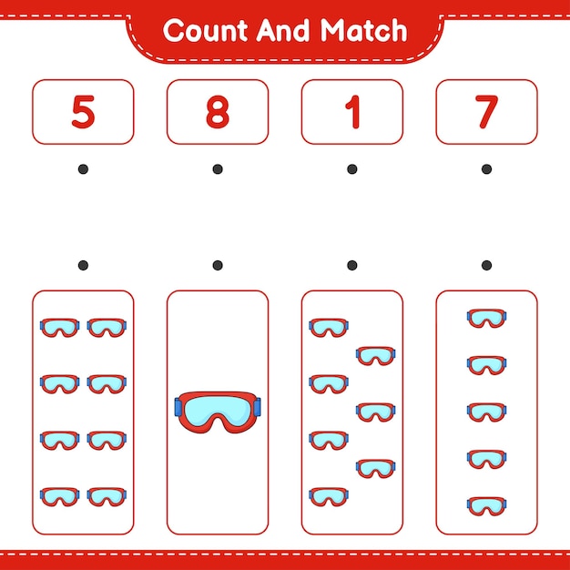 Count and match count the number of Goggle and match with the right numbers Educational children game printable worksheet vector illustration