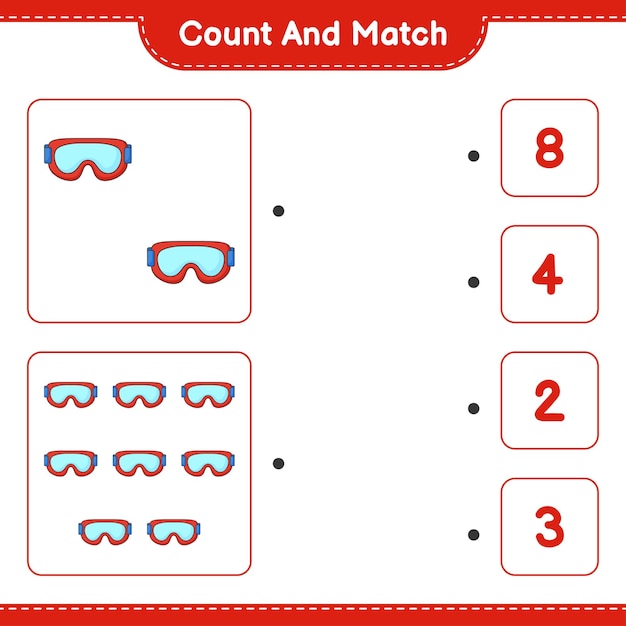 Count and match count the number of Goggle and match with the right numbers Educational children game printable worksheet vector illustration