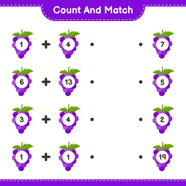 Count and match, count the number of Grape and match with right numbers. Educational children game, printable worksheet 