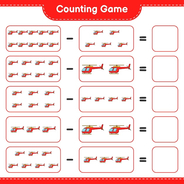 Count and match, count the number of Helicopter and match with the right numbers. Educational children game, printable worksheet, vector illustration