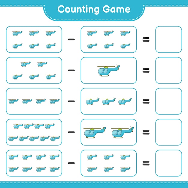 세고 일치하고 헬리콥터의 수를 세고 올바른 숫자와 일치시킵니다. 교육 어린이 게임, 인쇄용 워크시트, 벡터 일러스트 레이 션
