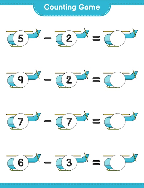 Vector count and match, count the number of helicopter and match with the right numbers. educational children game, printable worksheet, vector illustration