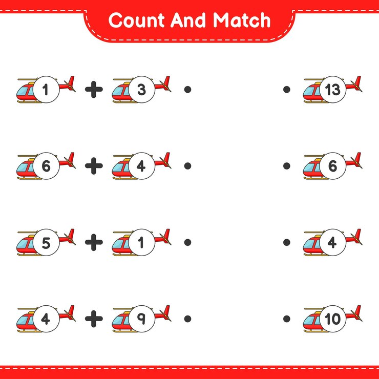 Vector count and match, count the number of helicopter and match with the right numbers. educational children game, printable worksheet
