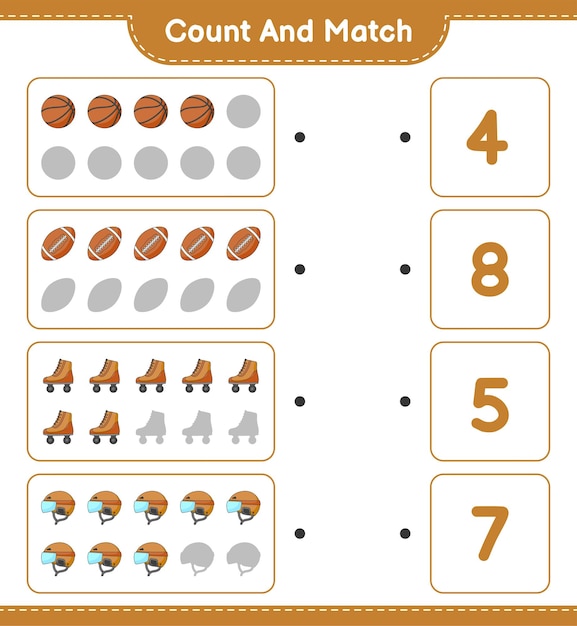 하키 헬멧 롤러 스케이트 농구 축구 공의 수를 세고 일치시키고 올바른 숫자와 일치 교육 어린이 게임 인쇄용 워크 시트 벡터 일러스트 레이션