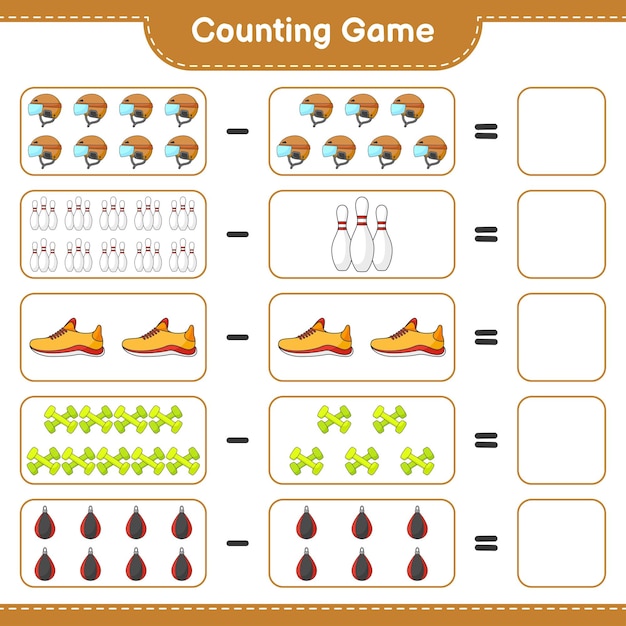 Count and match count the number of Hockey Helmet Running Shoes Bowling Pin Dumbbell Punching Bag and match with the right numbers Educational children game printable worksheet vector illustration