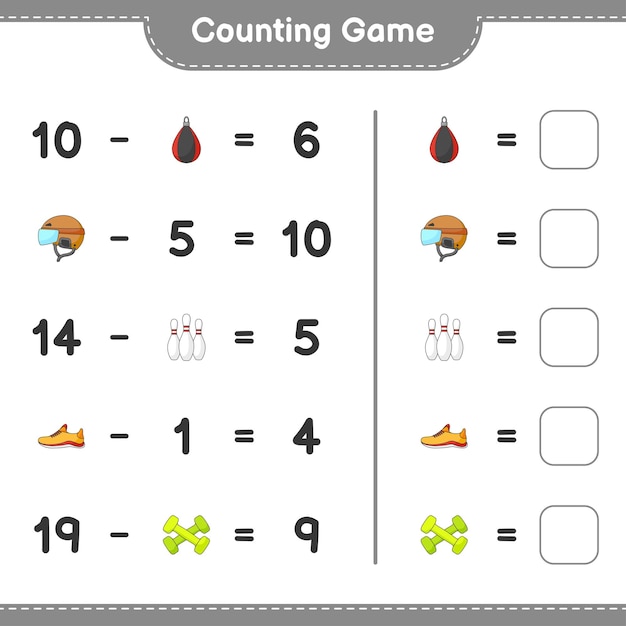 Count and match count the number of Hockey Helmet Running Shoes Bowling Pin Dumbbell Punching Bag and match with the right numbers Educational children game printable worksheet vector illustration