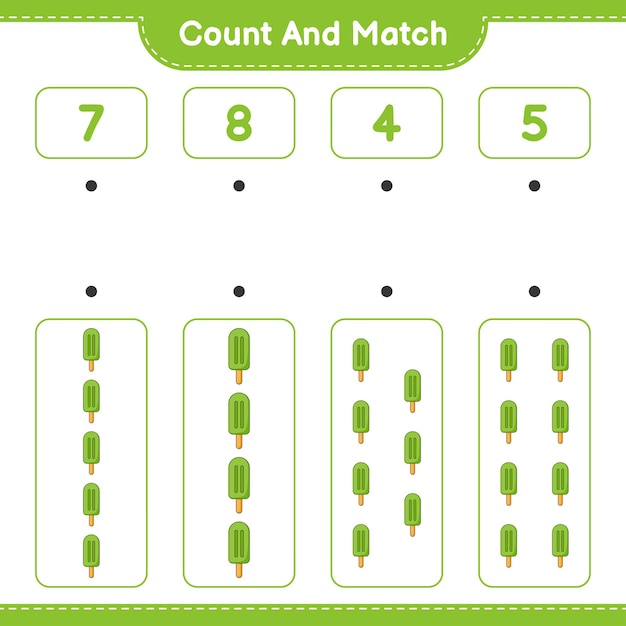 Count and match, count the number of Ice Cream and match with the right numbers. Educational children game, printable worksheet, vector illustration