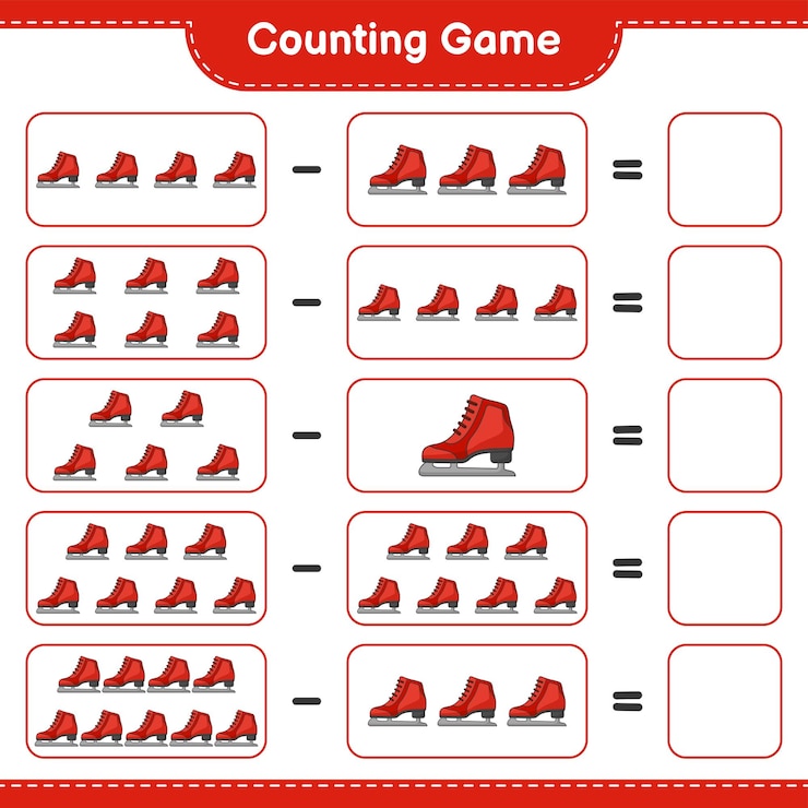 Vector count and match count the number of ice skates and match with the right numbers educational children game printable worksheet vector illustration
