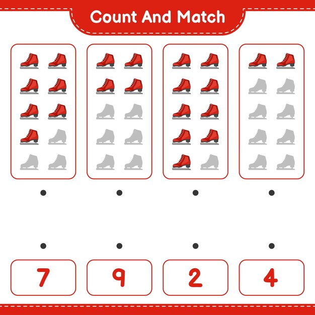 Count and match count the number of ice skates and match with the right numbers educational children game printable worksheet vector illustration