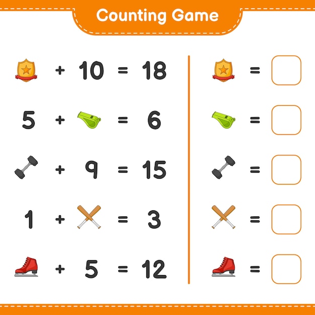 Count and match count the number of Ice Skates Whistle Dumbbell Baseball Bat Trophy and match with the right numbers Educational children game printable worksheet vector illustration