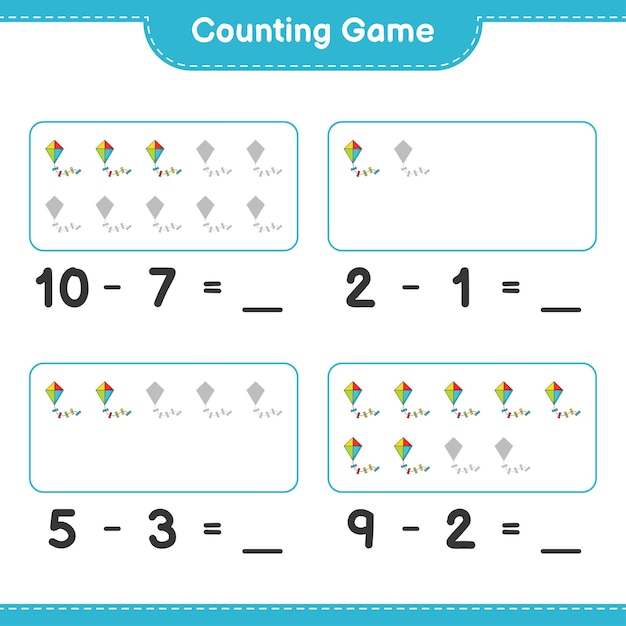 Count and match, count the number of Kite and match with the right numbers. Educational children game, printable worksheet, vector illustration