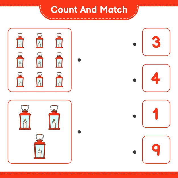 Count and match, count the number of Lantern and match with the right numbers. Educational children game, printable worksheet, vector illustration