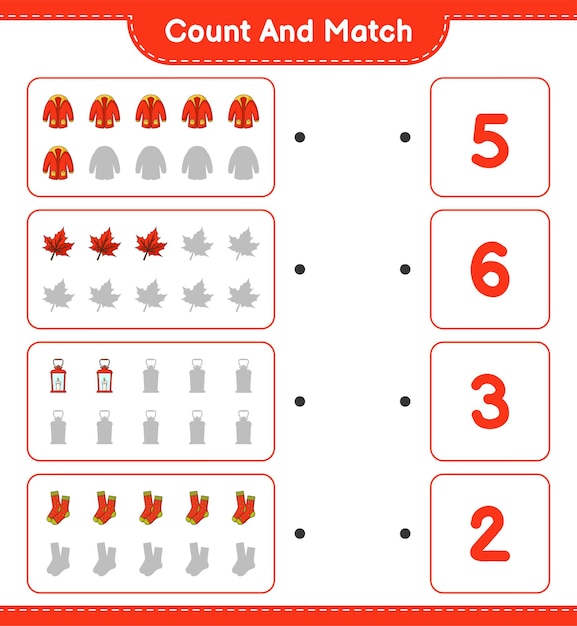 Count and match, count the number of Lantern, Socks, Warm Clothes, Maple Leaf and match with the right numbers. Educational children game, printable worksheet, vector illustration